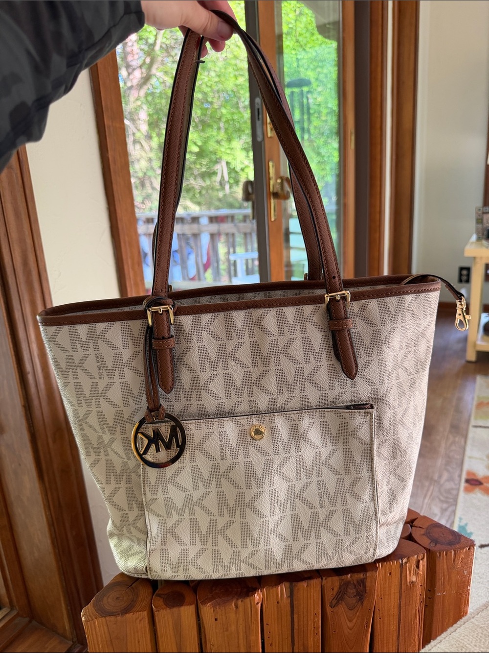 Michael Kors Cream and Brown MK Logo Tote